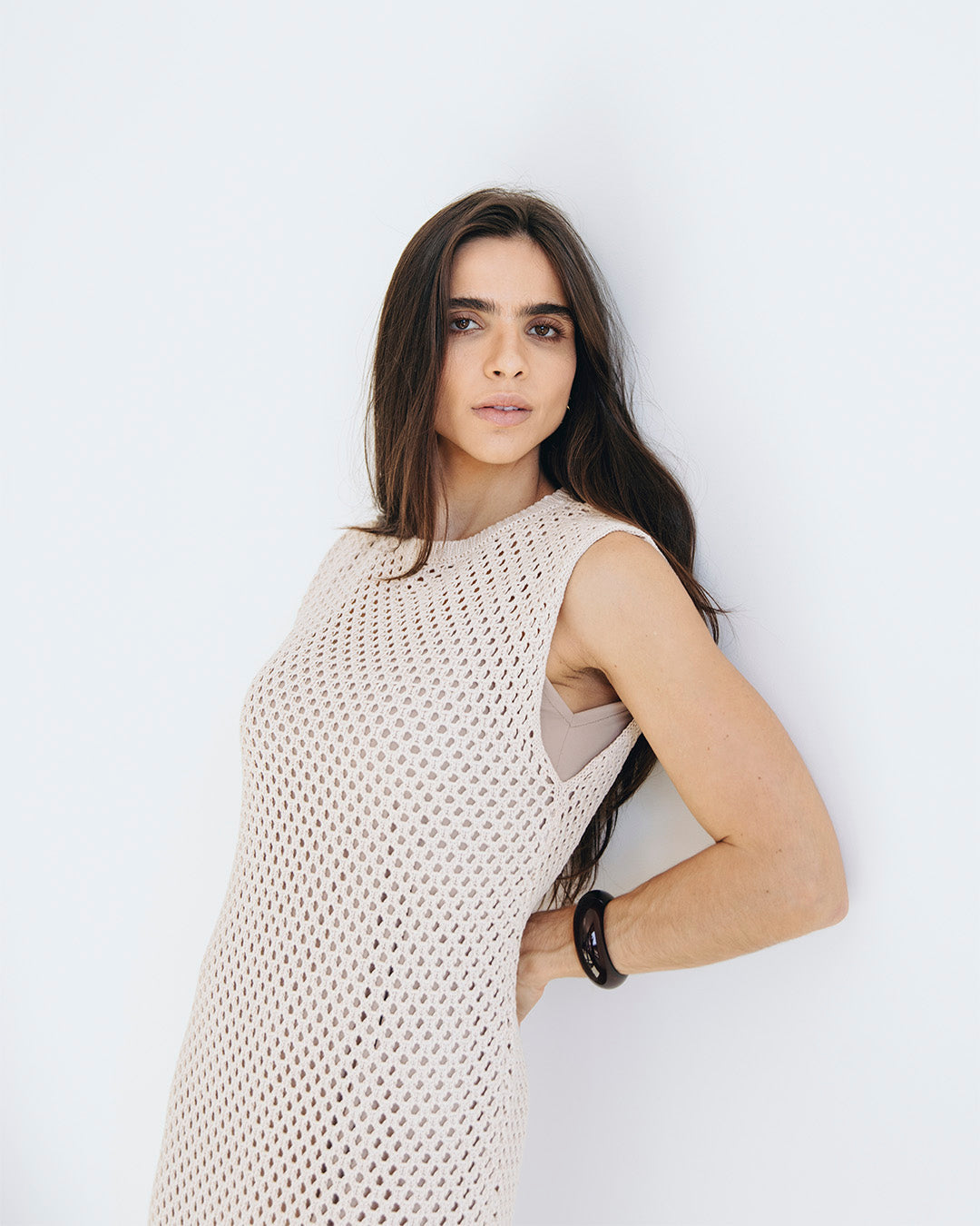 vestido longo tricô cru