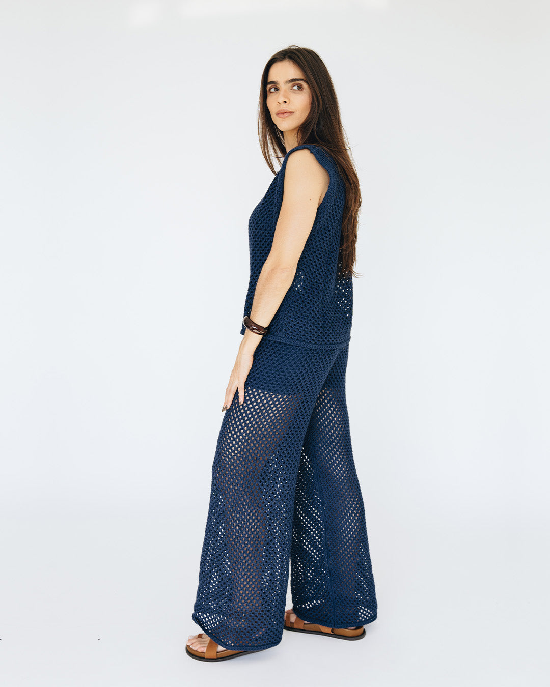 calça tricô azul marinho