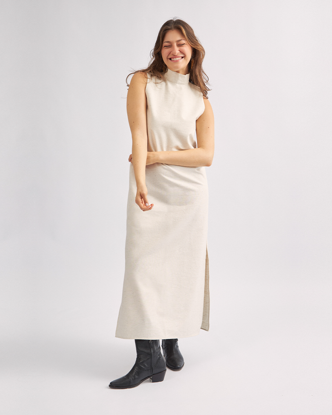 vestido coluna linho cru