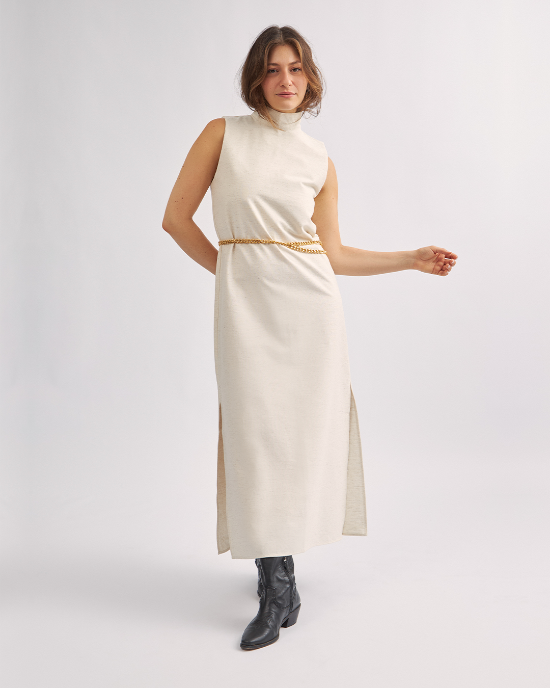 vestido coluna linho cru