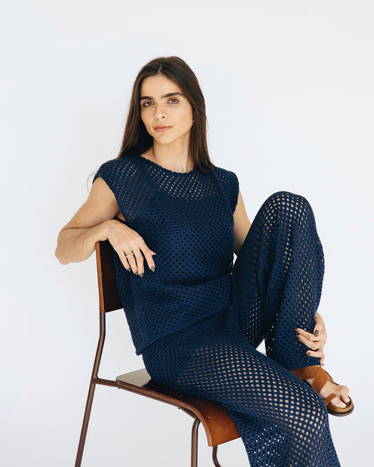 calça tricô azul marinho