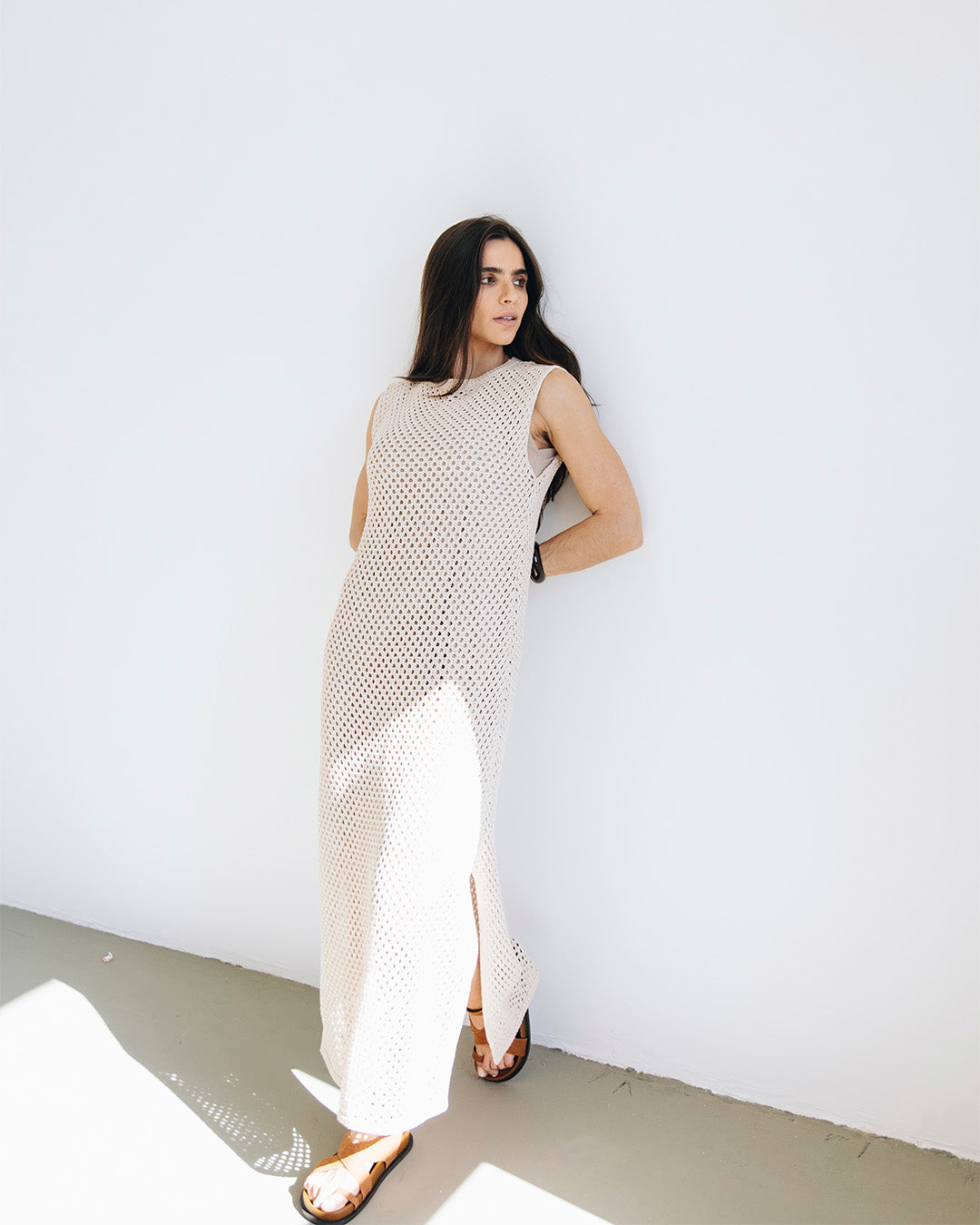 vestido longo tricô cru