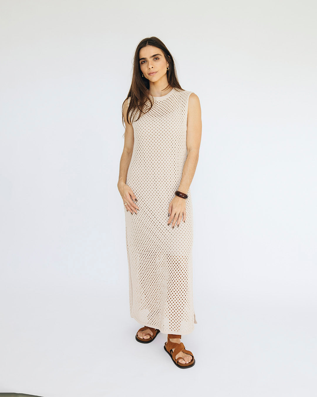 vestido longo tricô cru