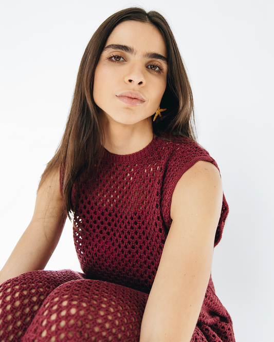 vestido longo tricô bordô