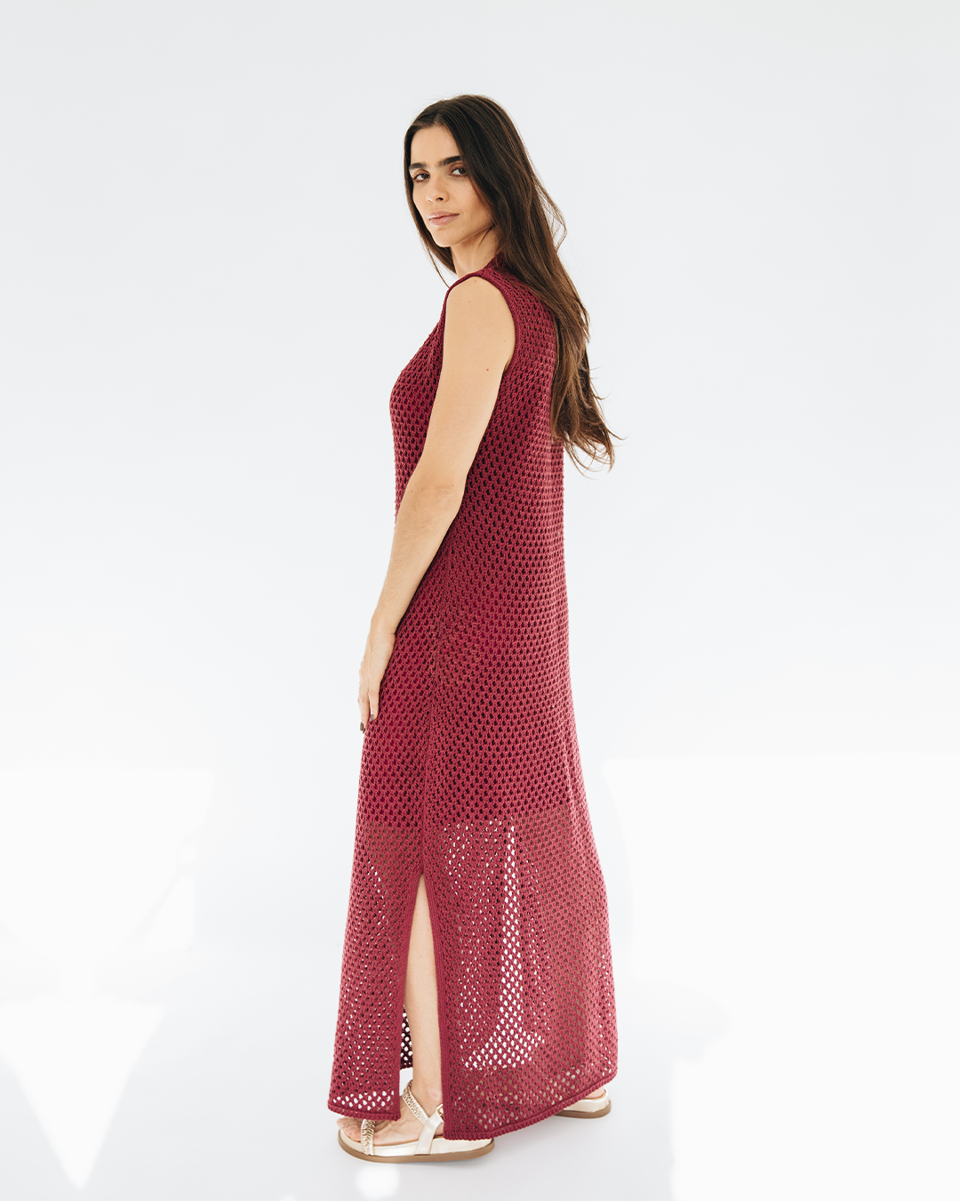 vestido longo tricô bordô