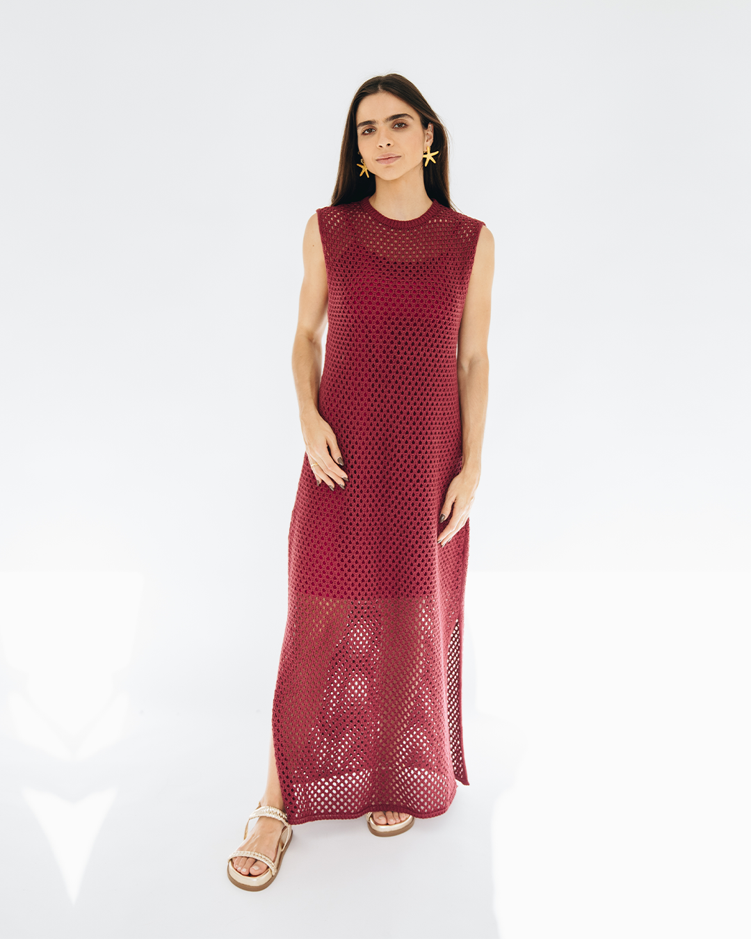 vestido longo tricô bordô