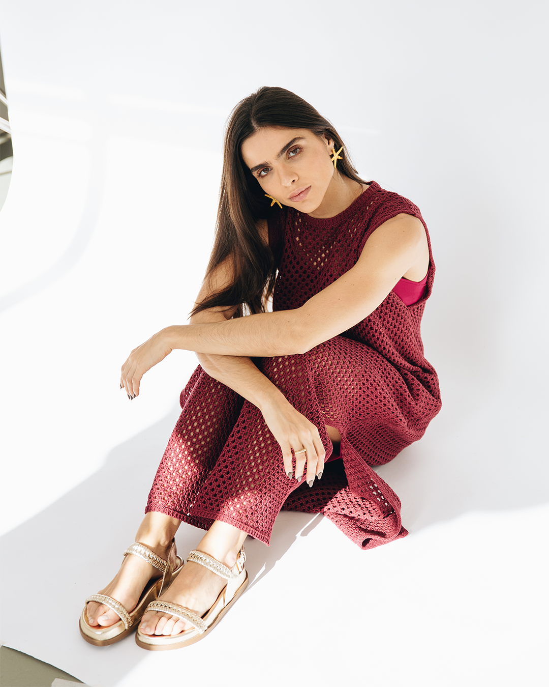 vestido longo tricô bordô