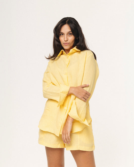 camisa 100% linho amarelo manteiga