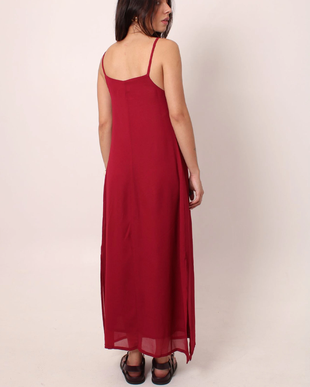 vestido longo decote reto cereja